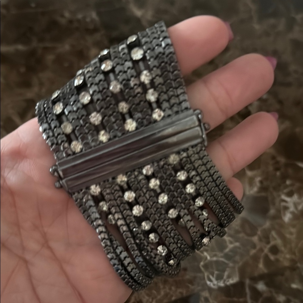 Gum metal rhinestone  Silver Bracelet with Crystal Accents